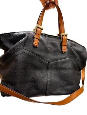 Lauren Ralph Lauren Black Leather Tote Bag with Tan Handles and Strap